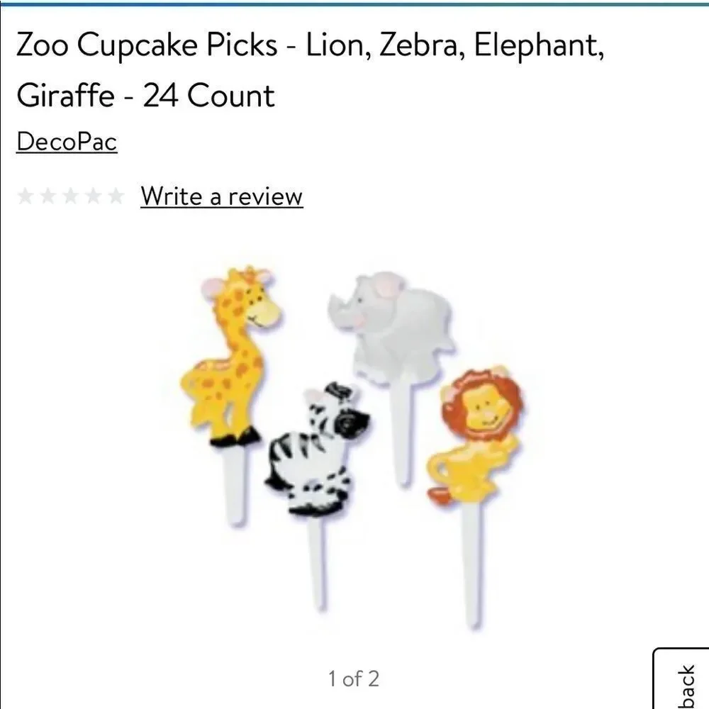 Zebra, elephant, lion and giraffe cupcake toppers
